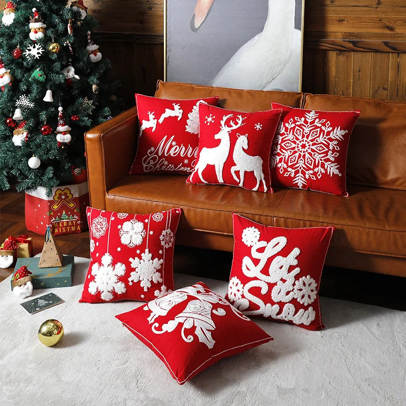 Afralia™ Christmas Embroidered Cotton Canvas Pillow Covers Snowflake Elk Decor