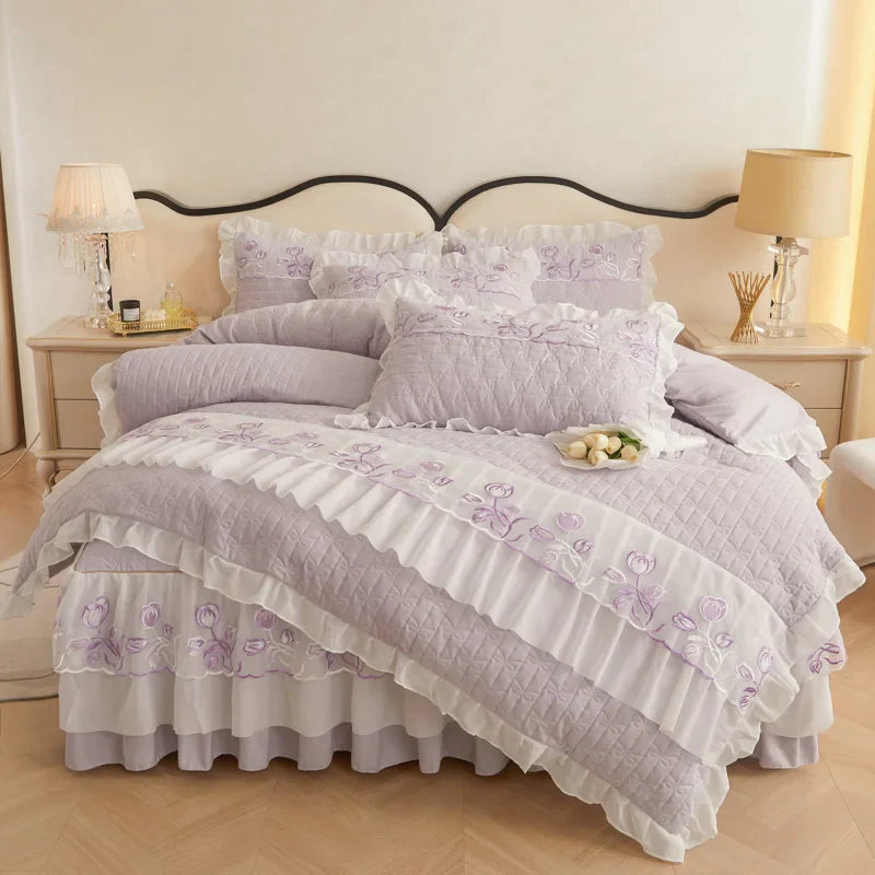 Afralia™ Quilted Embroidery Bedding Set with Lace Ruffles, Duvet Cover, Bed Skirt - Various Colors