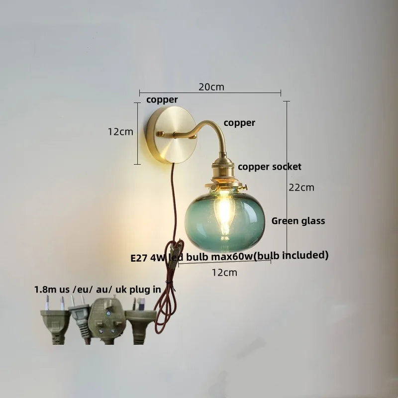 Afralia™ Green Class Ball LED Wall Light with Copper Socket for Bedroom Living Dining Room