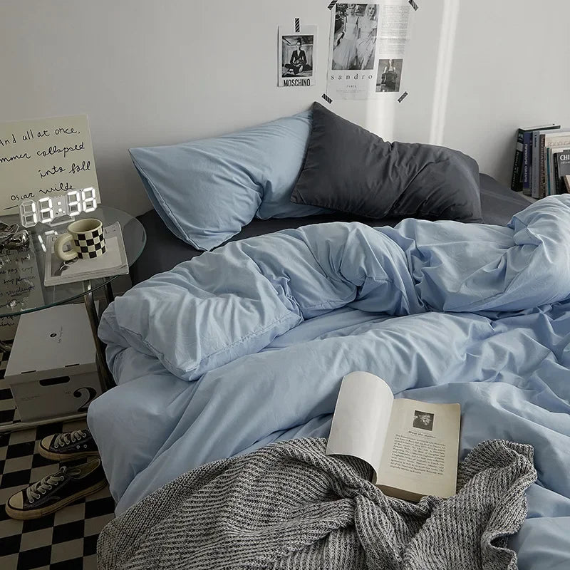 Afralia™ Washed Cotton Duvet Cover Set: Solid Color Bed Sheet Style, Double-Sided Color Matching Comfort, Bedding