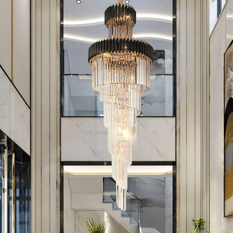Afralia™ Crystal LED Chandeliers: Luxury Multi-layer Staircase Lighting, Black Stainless Steel