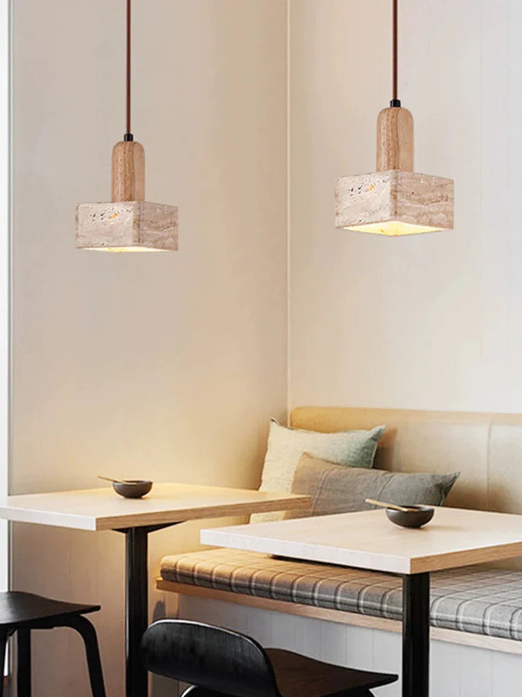 Afralia™ Square Stone Chandelier Pendant Lamp for Bedroom, Cream Solid Wood Retro Light