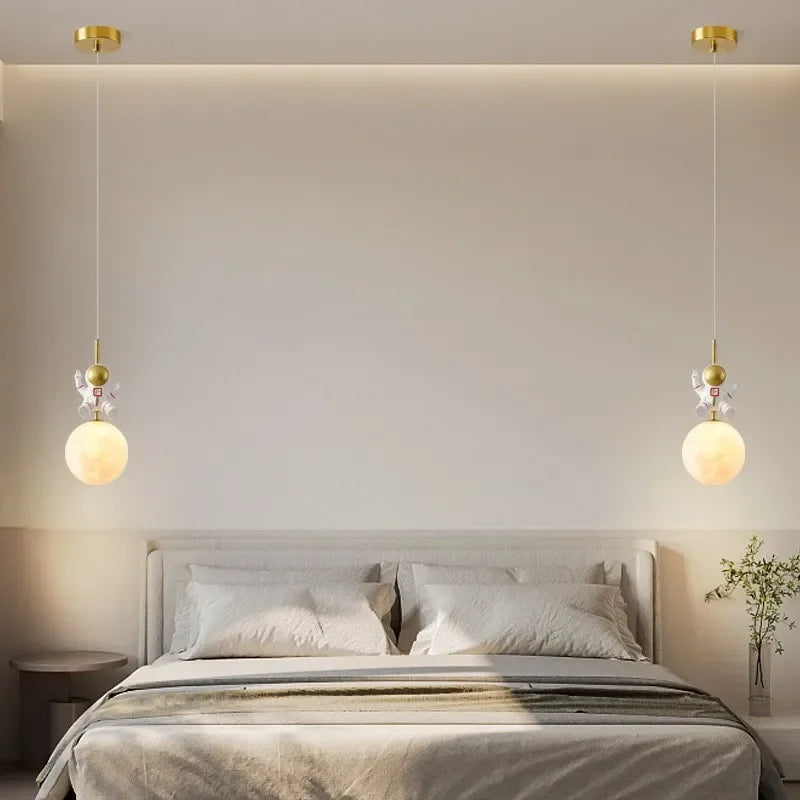 Afralia™ Astronaut Moon LED Pendant Light for Children's Room, Nordic Iron Design.