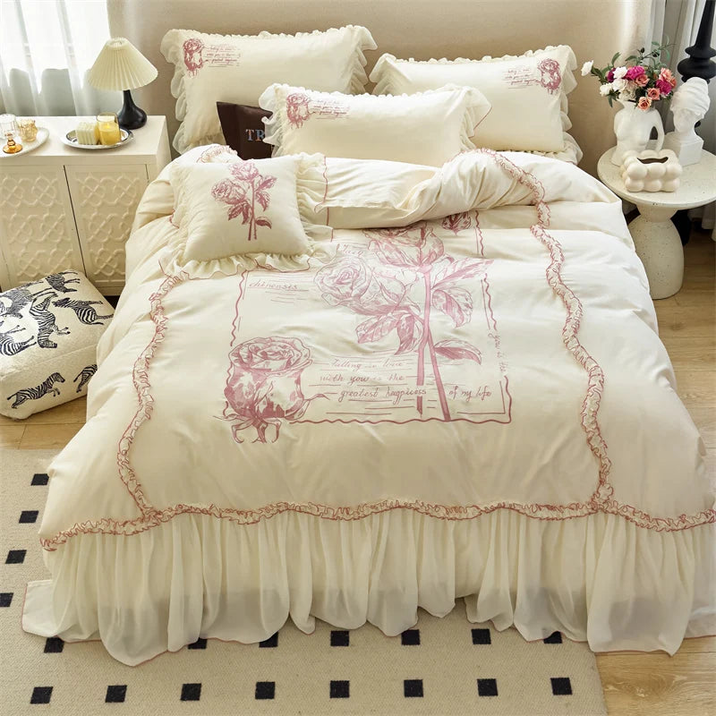 Afralia™ Vintage Rose Butterfly Lace Ruffles Princess Bedding Set: 100S Egyptian Cotton