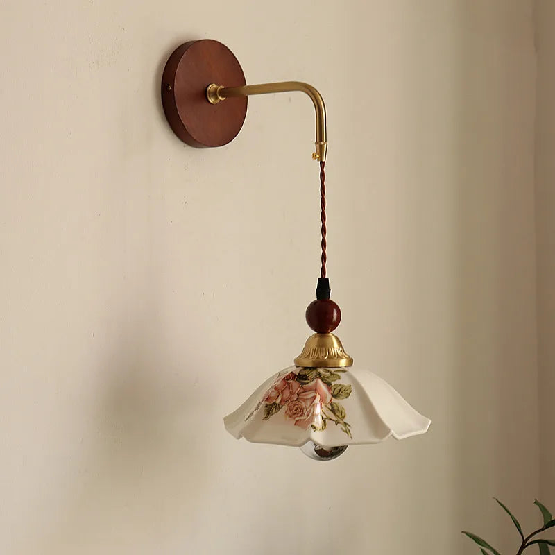 Afralia™ Nordic LED Wall Sconce Flower Ceramic Copper Wood Bedroom Reading Light