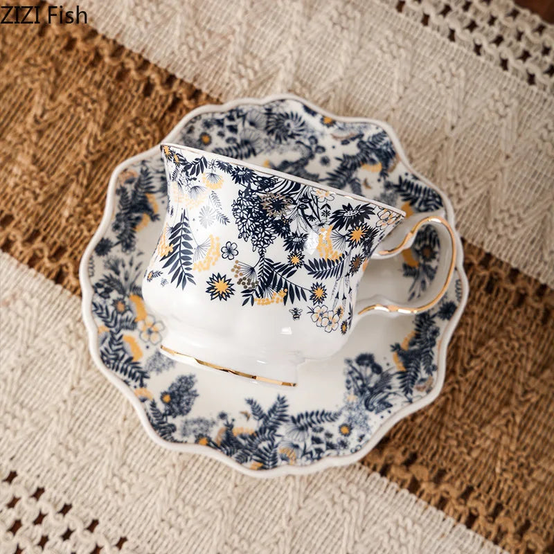 Afralia™ Blue & White Porcelain Classic Coffee Mug Set Gold Rim Tea Cup Saucer