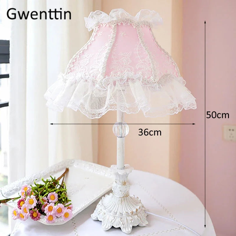 Afralia™ Pink Lace Fabric Table Lamp with LED Light for Bedroom Princess Decor