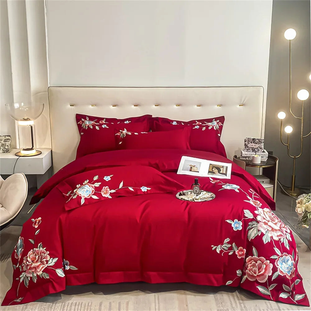 Afralia™ Pink Flowers Bedding Set in Traditional Chinese Style