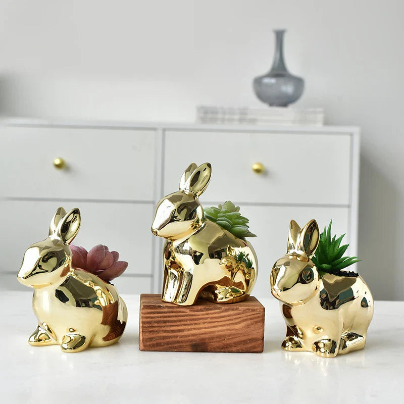 Afralia™ Golden Rabbit Ceramic Flower Pot | Cartoon Succulent Planting Vase