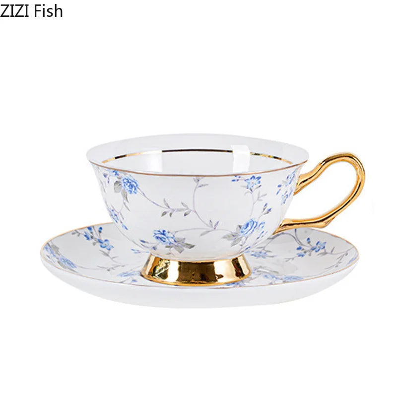 Afralia™ Gold Flowers Pattern Ceramic Cup & Saucer Set for Elegant Dining Experience