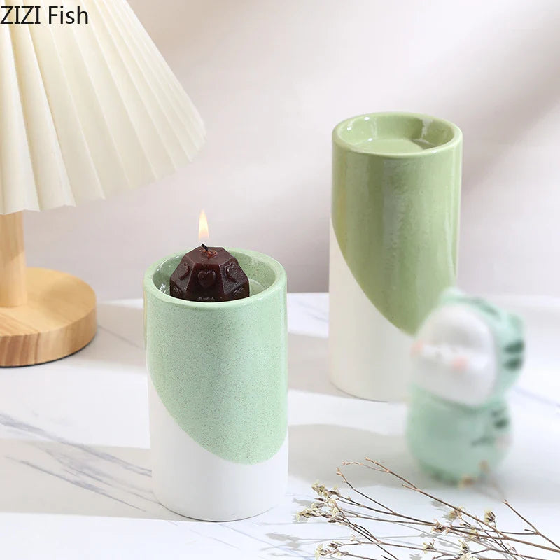 Afralia™ Green Cylinder Candle Holder Set for Romantic Home Decor