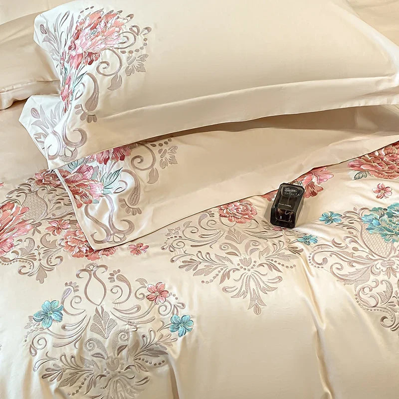 Afralia™ Luxury Flowers Embroidery Cotton Bedding Set - Queen King Size