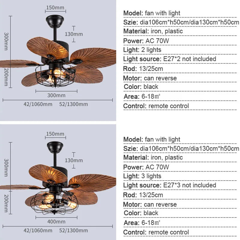 Afralia™ Retro Palm Leaf Ceiling Fan with Strong Power and Pendant Light