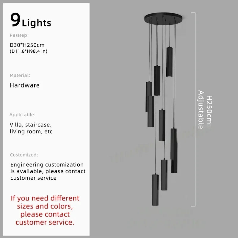 Afralia™ Black LED Staircase Chandelier | Modern High Ceiling Pendant Light