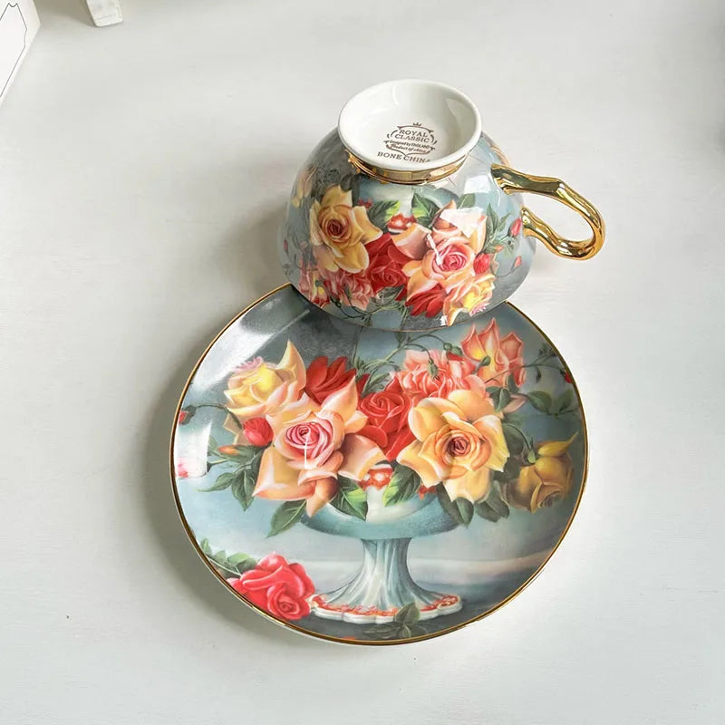 Afralia™ Flowers Pattern Porcelain Coffee Cup & Saucer Set - Exquisite Tea & Juice Mug