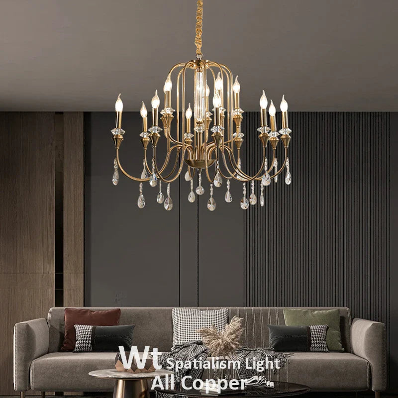 Afralia™ Luxury Copper Crystal Chandelier - Retro Gold Candle Pendant Light