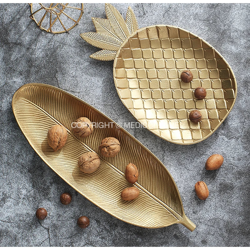 Afralia™ Leaf Shape Gold Paint Wooden Tray 14.5x40cm - Modern Decorative Tableware