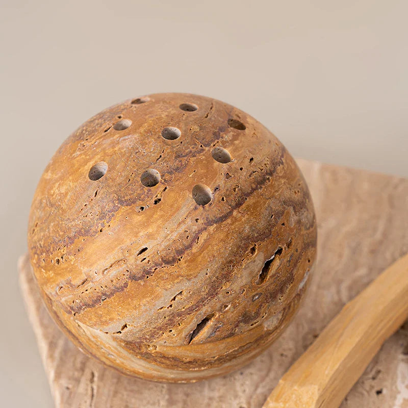 Afralia™ Travertine Marble Incense Burner Ball Shape Stone Holder Home Decor Tray