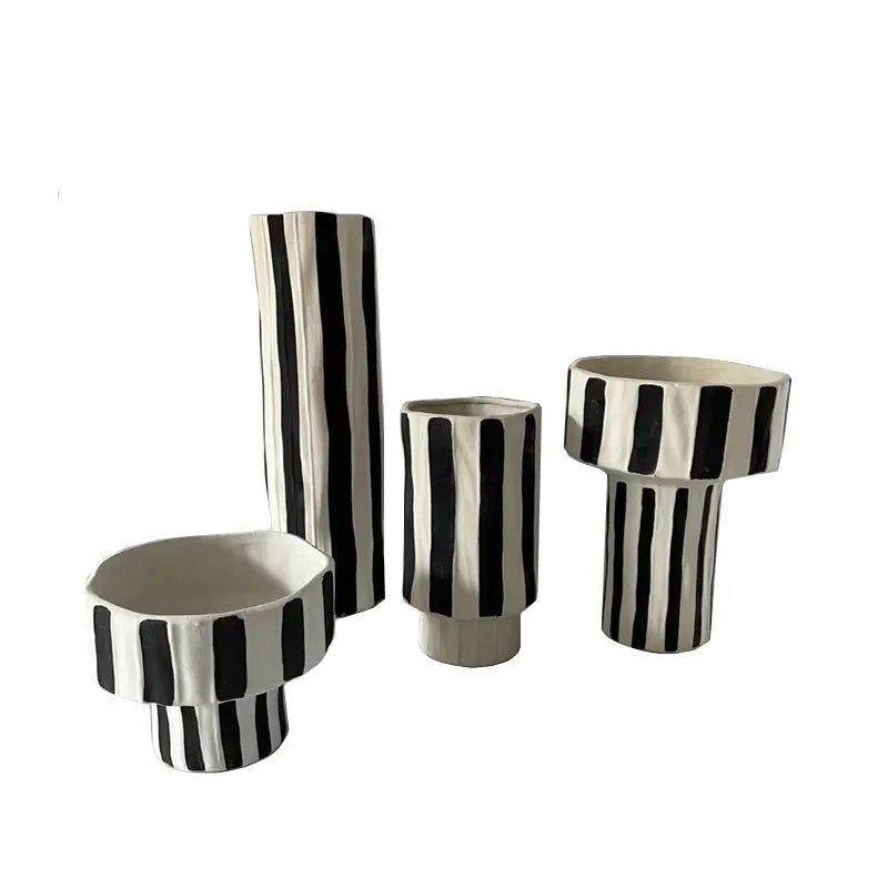 Afralia™ Striped Wide Mouth Ceramic Vase - Geometric Flowerpot Handicraft Ornaments