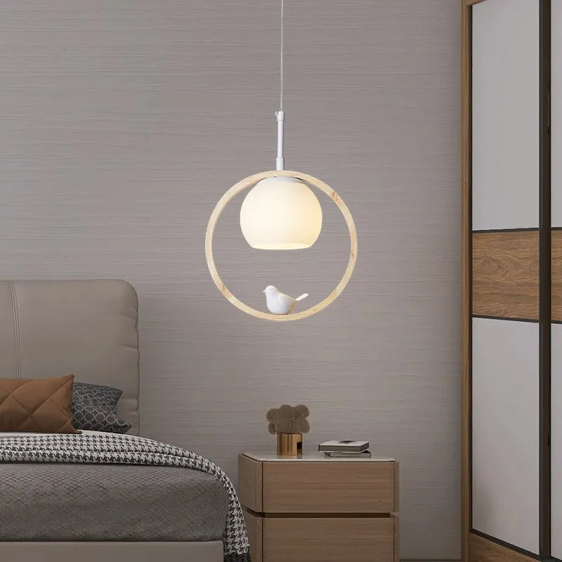 Afralia™ Nordic Wood LED Circular Ball Chandelier - Modern Pendant Light for Restaurant and Kitchen Island