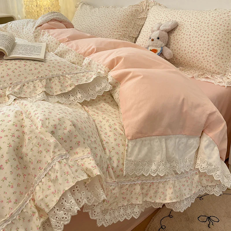 Afralia™ Princess Style Flowers Lace Ruffles 100% Cotton Bedding Set - 4Pcs