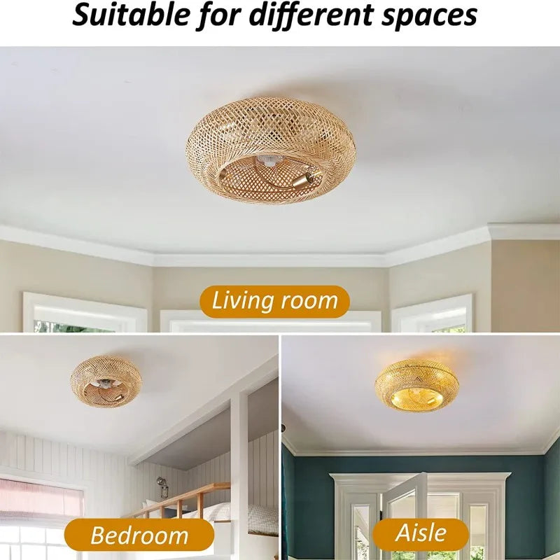 Afralia™ Bamboo Ceiling Fan with Rattan Cage Light & Remote Control