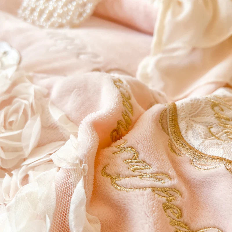 Afralia™ Pink French Rose Velvet Bedding Set with Lace Ruffles & Flowers Embroidery