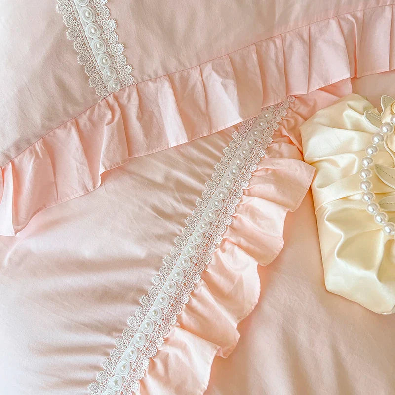 Afralia™ Pleat Ruffles Patchwork Cotton Bedding Set with Pink & White French Style