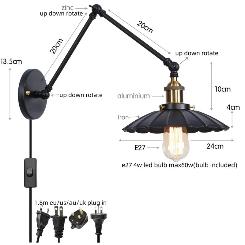 Afralia™ Black Iron LED Wall Light Fixture Industrial Vintage Adjustable Long Arm