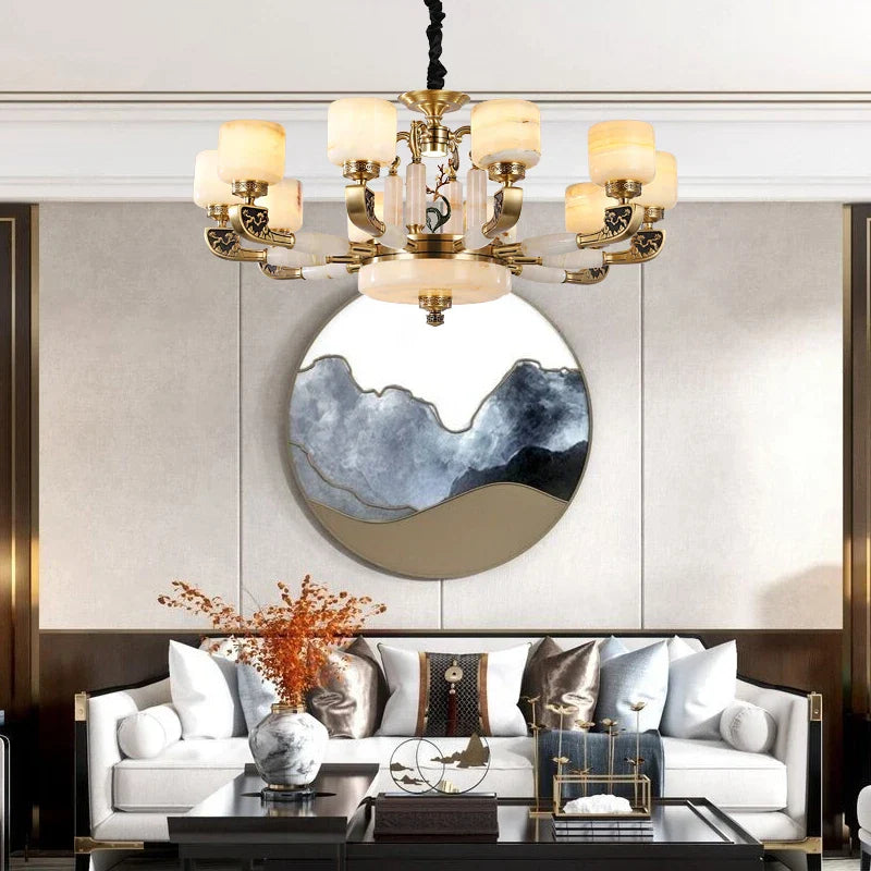 Afralia™ Luxury Chinese Style Copper Jade Living Room Chandelier