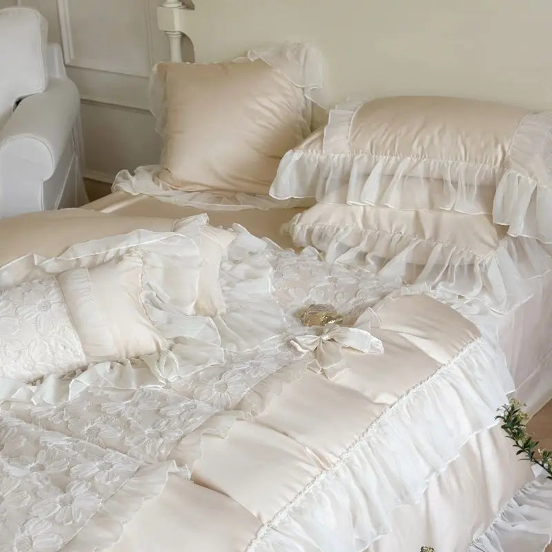 Afralia™ French Lace Ruffles Flowers Bedding Set: Duvet Cover, Sheet Set, Pillowcases