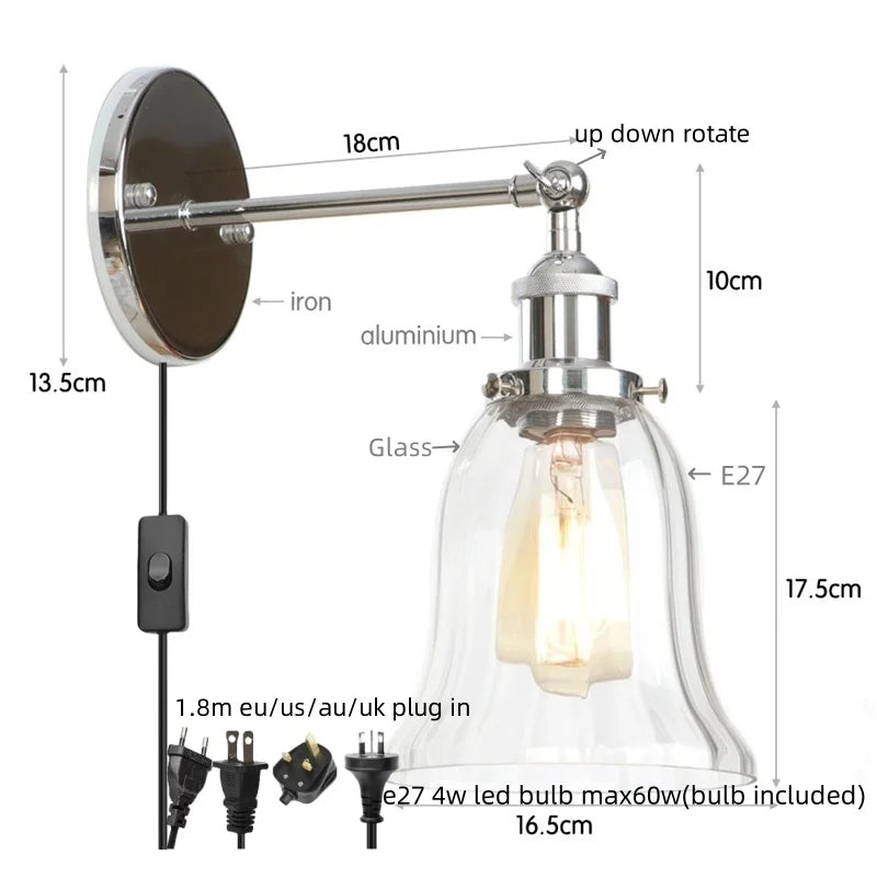 Afralia™ Vintage LED Wall Sconce Pull Chain Switch Glass Country Mirror Light