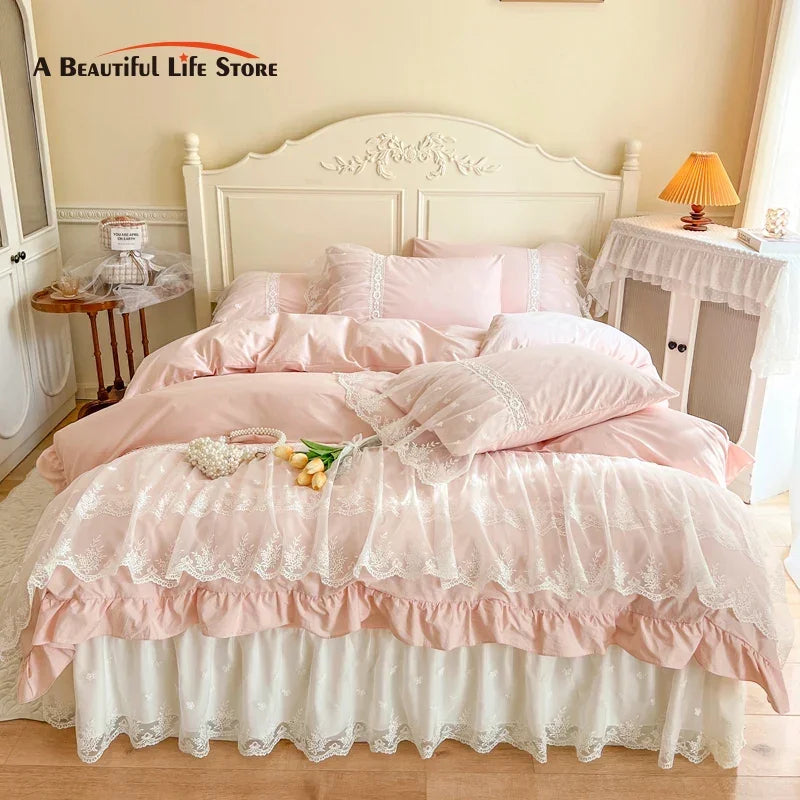Afralia™ French Princess Lace Ruffles Bedding Set, 100% Cotton, Pink Romantic Theme