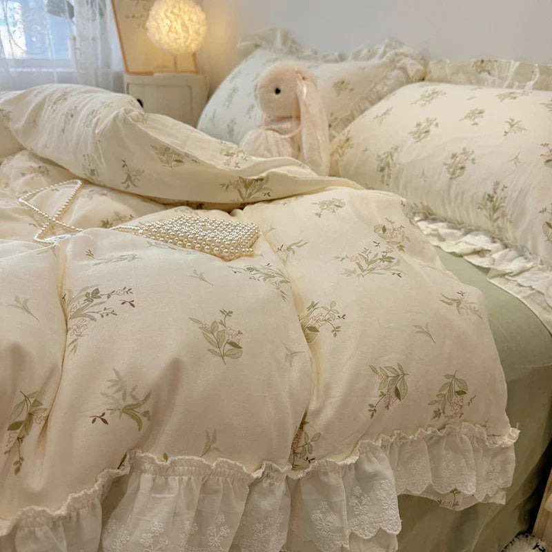 Afralia™ Floral Lace Ruffles Bedding Set in 100% Cotton, Korean Style, Single/Queen/King Size