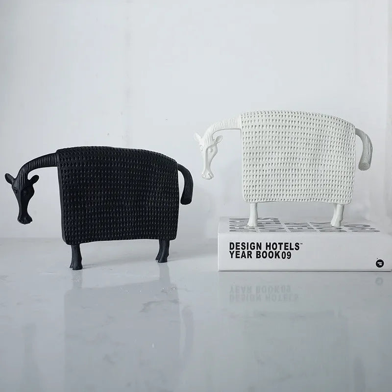 Afralia™ Black Cow Ox Resin Sculpture Figurine - Room Decor Art Statue