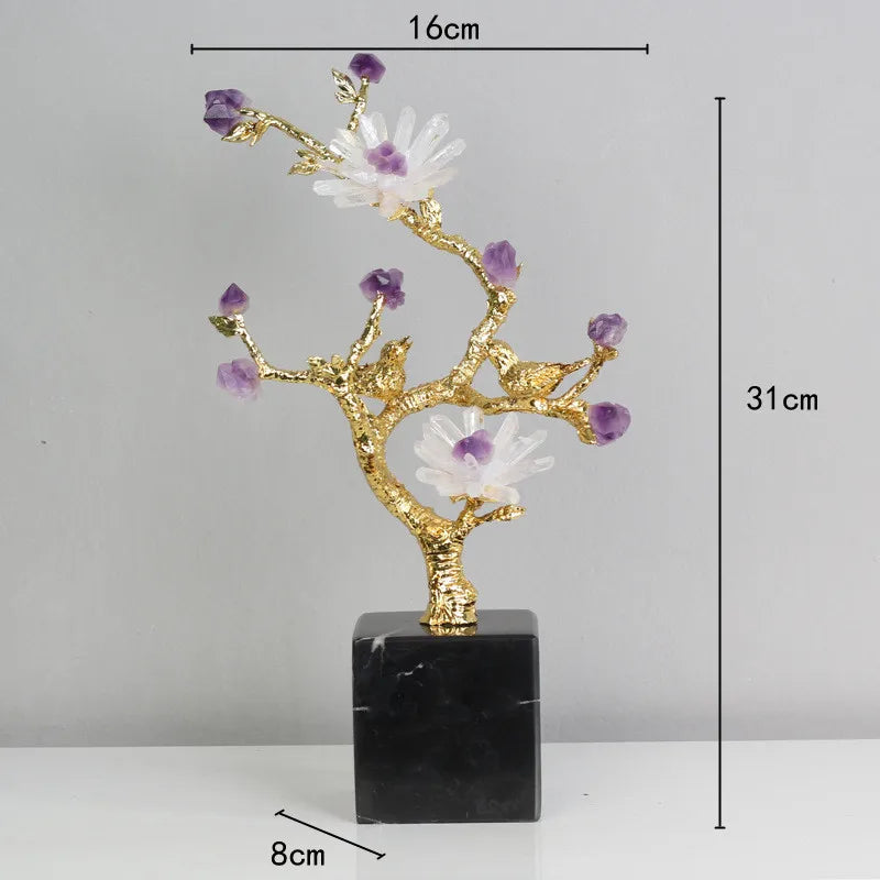 Afralia™ Golden Tree Crystal Flower Brass Amethyst Decor with Golden Bird Figurines