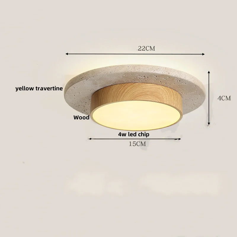 Afralia™ Japan Style LED Ceiling Light Yellow Travertine Stone Wood Base Bedroom Luminaire