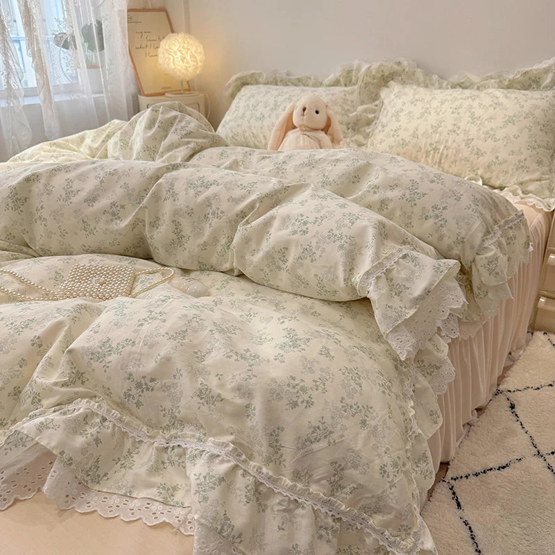 Afralia™ Princess Style Lace Ruffles Bedding Set - 100% Cotton, 3/4Pcs, Korean Design