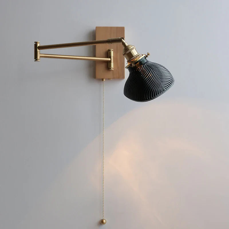 Afralia™ Clear Glass Copper LED Wall Light with Pull Chain Switch & Walnut Wood Canopy