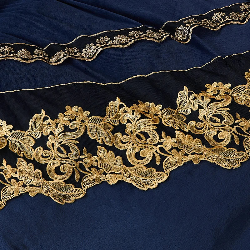 Afralia™ Black Gold Lace Duvet Set, Luxury Crystal Velvet, Quilted Embroidery, Ruffle Bedding