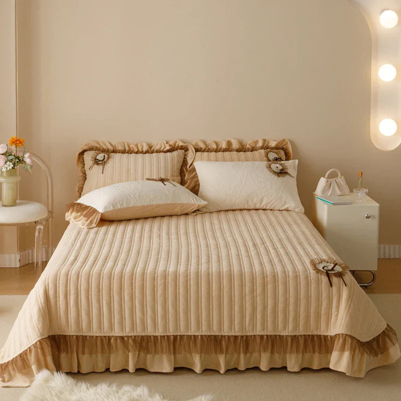 Afralia™ Velvet Lace Ruffles Quilted Bedding Set with Pillowcases