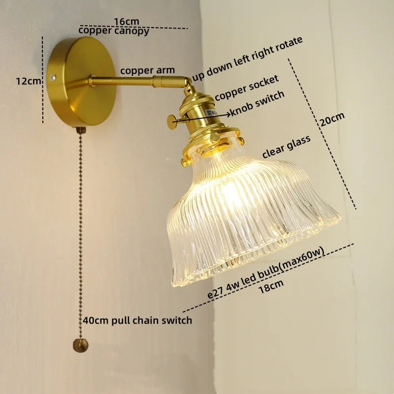 Afralia™ Nordic LED Wall Lights Pull Chain Switch Copper Glass Home Decor