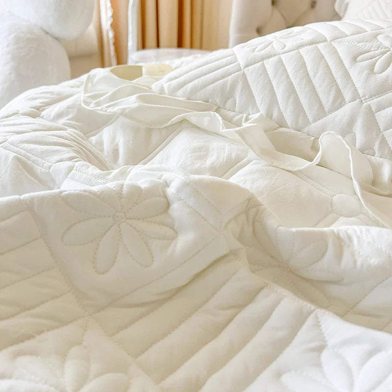 Afralia™ Korean Princess Style Quilted Bedding Set with Lace Ruffles 200x230cm