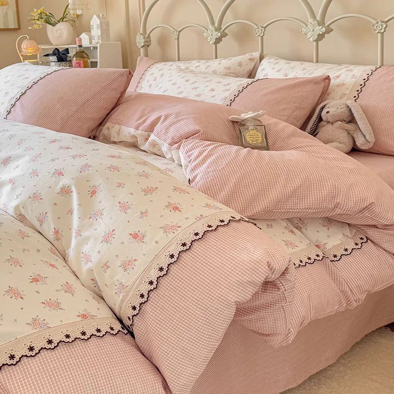 Afralia™ Floral Embroidery Lace Bedding Set Full Double Size Skin Friendly Cotton