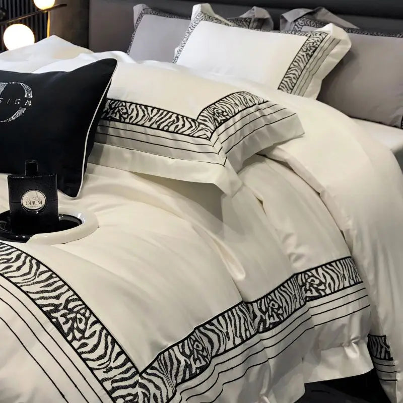 Afralia™ Zebra Print Embroidery 1000TC Egyptian Cotton 4Pcs Bedding Set - Queen King Size