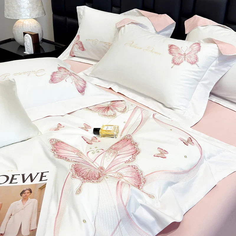 Afralia™ Butterfly Embroidery 100% Egyptian Cotton Bedding Set with Luxury Duvet Cover
