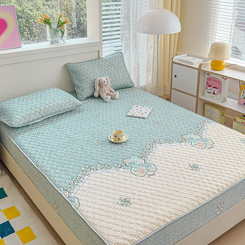 Afralia™ Cool Silk Latex Fitted Sheet Set with Pillowcases, Summer Ice Silk, Single Double Bed