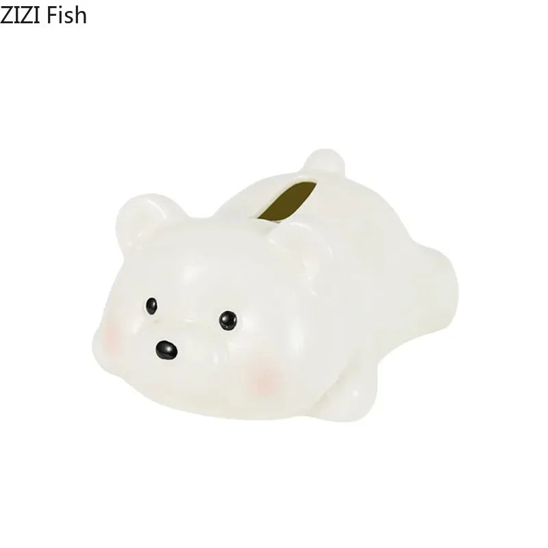 Afralia™ White Bear Ceramic Tissue Box: Cute Cartoon Bear Design for Coffee Table & Desk