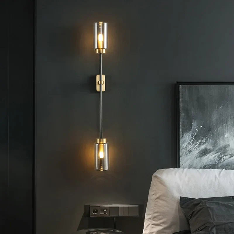 Afralia™ Smokey Gray Glass Linear Brass LED Wall Lights