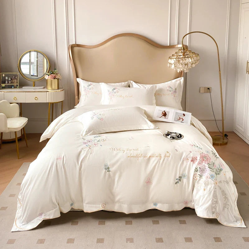Afralia™ Chic Flowers Embroidery Bedding Set, 100% Cotton, 400TC